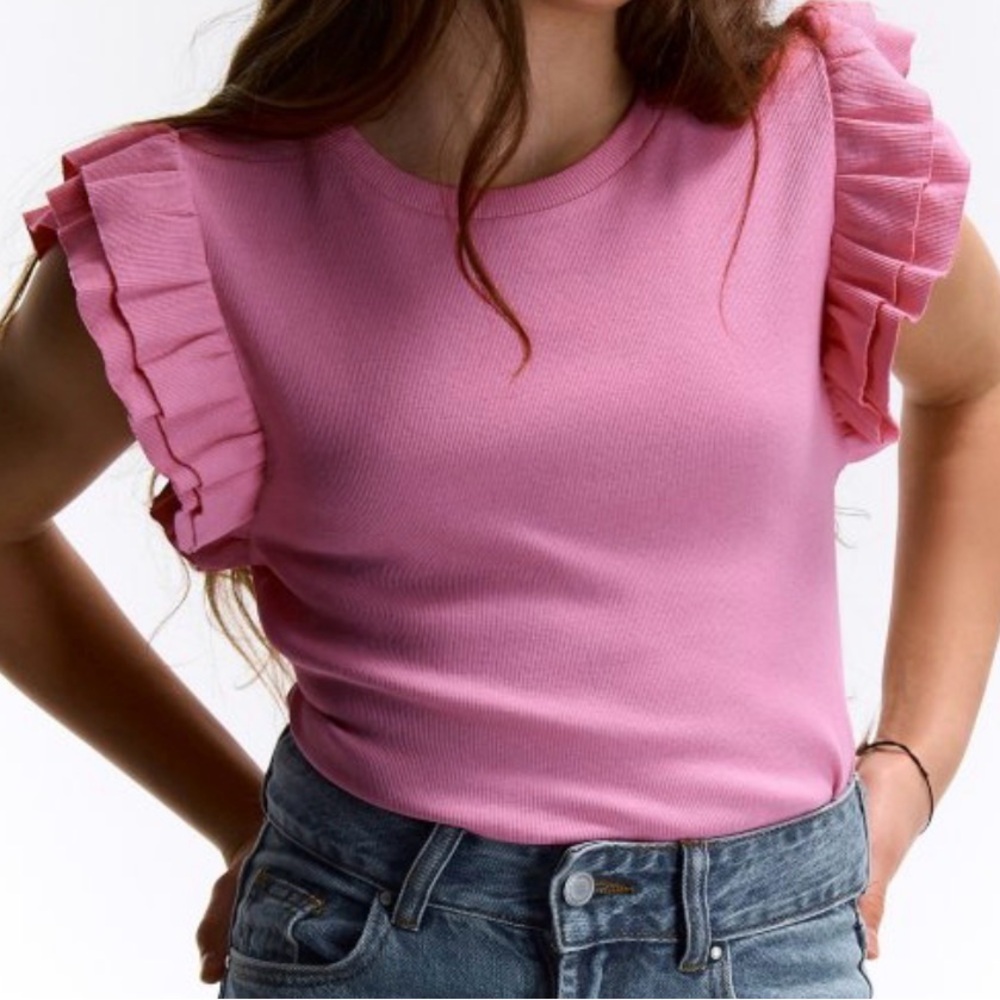 BUCKETLIST mauve rose Pink Ruffle Sleeve Crop Top large
